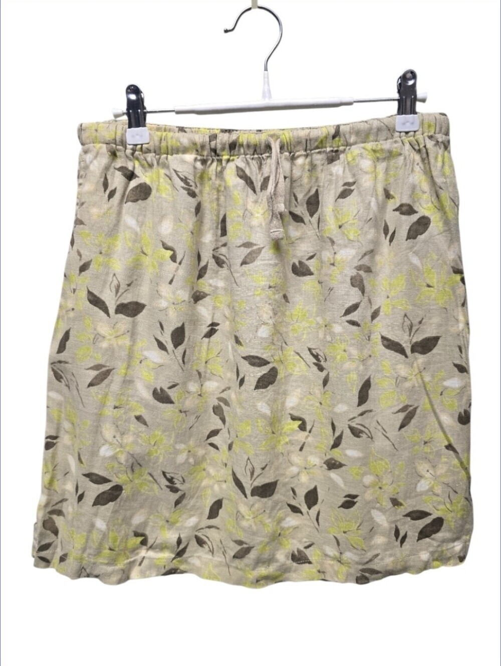 Ann Taylor Tan Yellow Brown Floral.  100% Linen Drawstring Pocket Skirt Sz. 10
